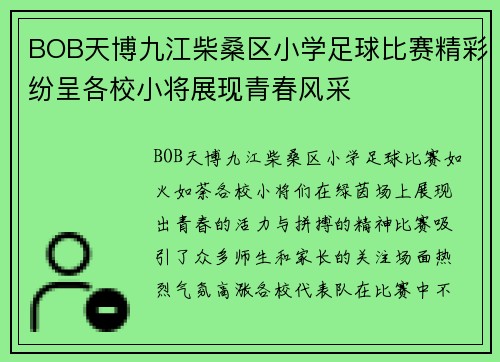 BOB天博九江柴桑区小学足球比赛精彩纷呈各校小将展现青春风采